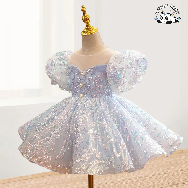 LEZONKIDS - Blue Sequin Girl's Dress Printed Tulle Crystal Bow Decorations Casual O-Neck Princess Style Performance Kids Skirt